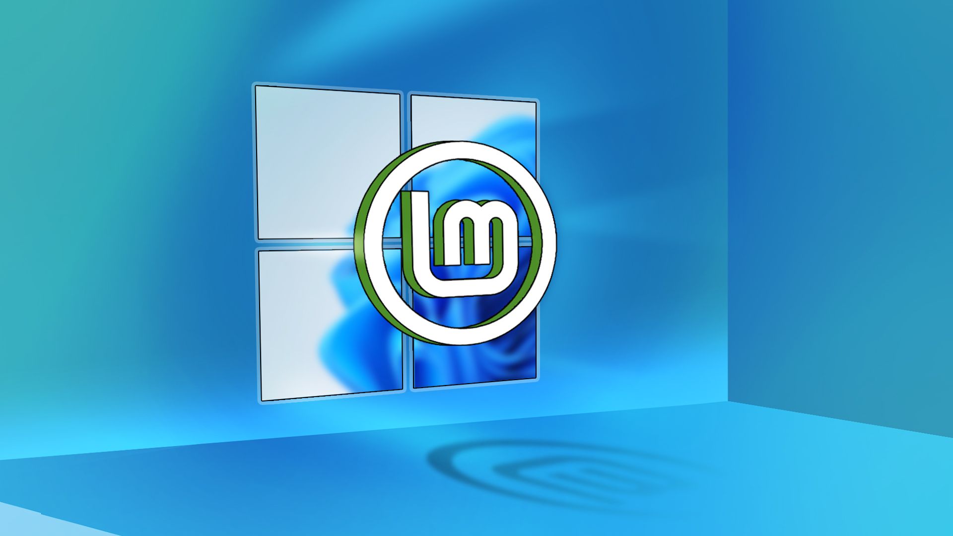 Windows logo with the Windows 11 wallpaper in the background and the Linux Mint logo in the foreground.